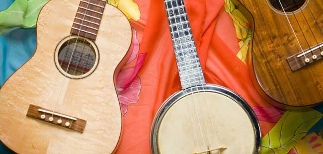 Deb's Three Ukuleles  one made from blond wood, another (a silver-colored Dixie Banjo-Uke) made of metal, and a third of dark walnut.